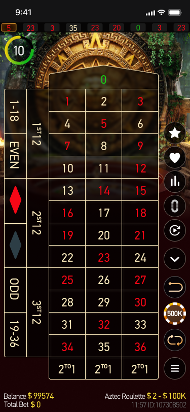 Aztec Roulette mobile betting grid and multiplier controls