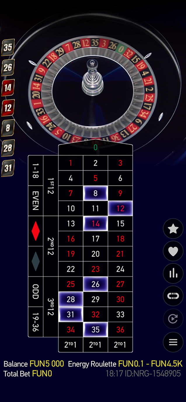 Energy Roulette mobile wheel and highlighted Lucky Numbers