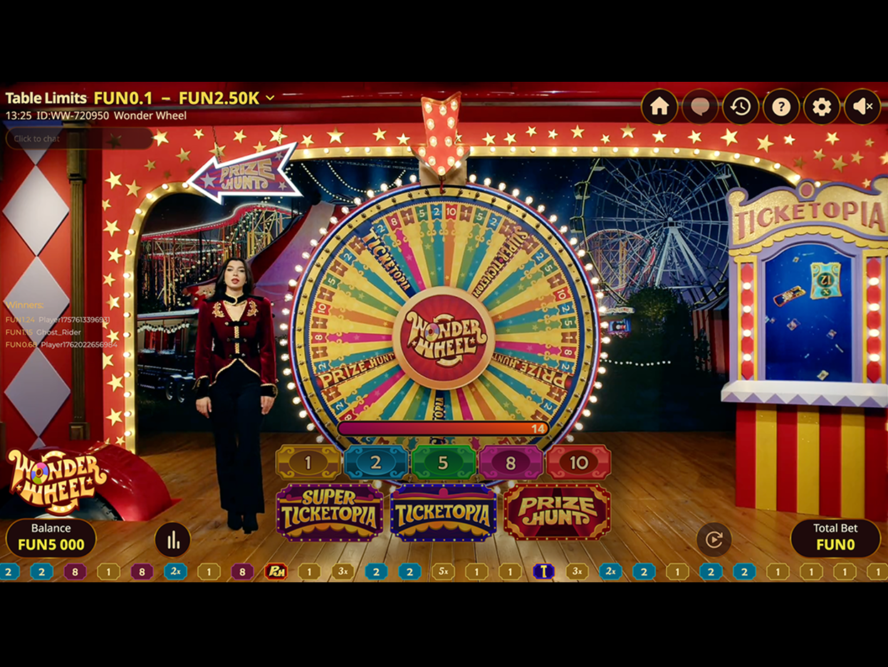 Wonder Wheel live studio with host and colorful 54 sector wheel