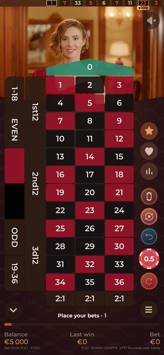 X777 Roulette mobile interface with European betting grid